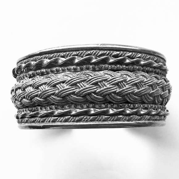 Jewelry - Braided Silvertone Wide Cuff Bracelet Tribal Ethnic Boho Statement Vintage Tibet